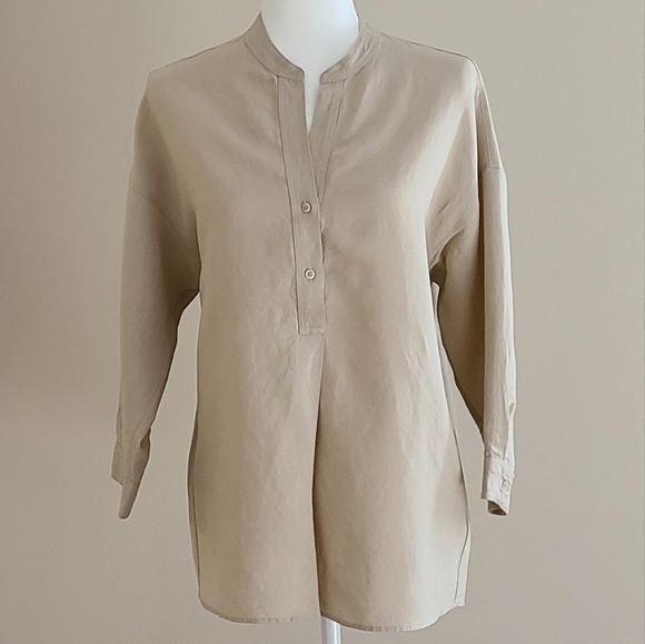 Uniqlo Tops - NWOT Uniqlo Womens Linen Blend Skipper Small Beige 3/4 Sleeve Tunic Blouse
